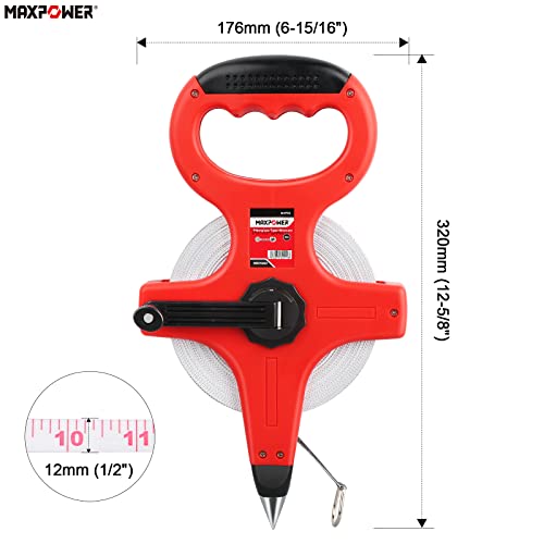 Open Reel Tape Measure, MAXOWER Fibreglass Surveyors Meter Tape Measure Ruler Tape, 30M / 100 FT - Dual Scale (Inch & Metric) - for Runway and Engineer Survey