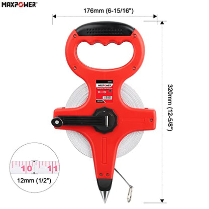 Open Reel Tape Measure, MAXOWER Fibreglass Surveyors Meter Tape Measure Ruler Tape, 30M / 100 FT - Dual Scale (Inch & Metric) - for Runway and Engineer Survey