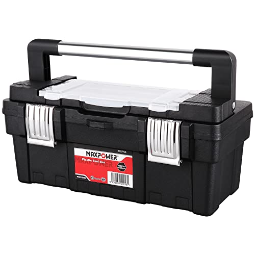 Long Handle Tool Box 16-Inch, MAXPOWER Portable Plastic Toolbox Tool Storage Organiser with Removable Tray, Long Stainless Steel Handle & Double Metal Latch - Rated up to 33 Lbs