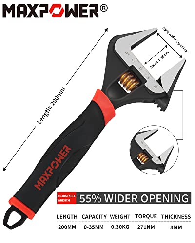 MAXPOWER Adjustable Spanner 200mm/8-Inch, Wide Opening Adjustable Wrench for Plumber - MAX Opening Capacity 35mm