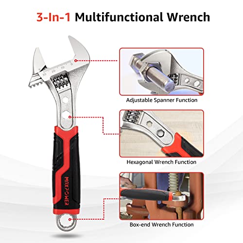 MAXPOWER 8"/200mm Adjustable Wrench with Soft Grip Handle, Extra Wide Adjustable Spanner Wrench with MAX Opening Capacity 30mm