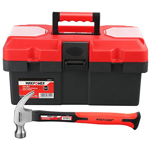 MAXPOWER 14-Inch Plastic Tool Box & 8Oz Curved Claw Hammer with Fiberglass Handle