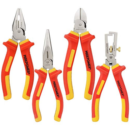 VDE Pliers Set 1000V, MAXPOWER 4PCs Electricians Pliers Set Included Insulated Combination Pliers, Diagonal Cutting Pliers, Long Nose Pliers Pliers and Insulated Wire Stripper