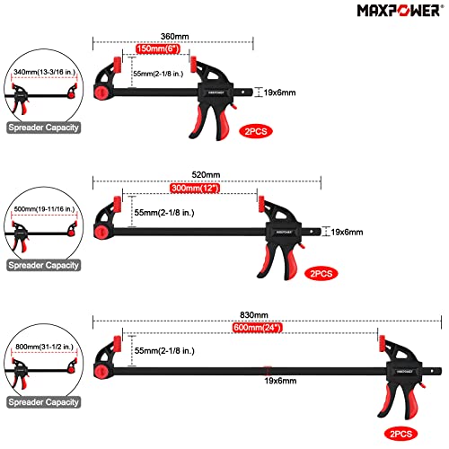 Quick Grip Wood Clamps Set, MAXPOWER 6PCs Quick Release Ratchet Bar Clamps Set for Woodworking - 150mm/300mm/600mm