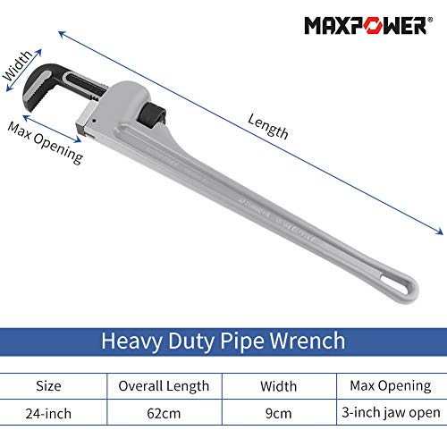 MAXPOWER Pipe Wrench 600mm, 24-Inch Aluminum Straight Pipe Wrench Heavy Duty Plumbing Wrench Pipe Spanner Stillson