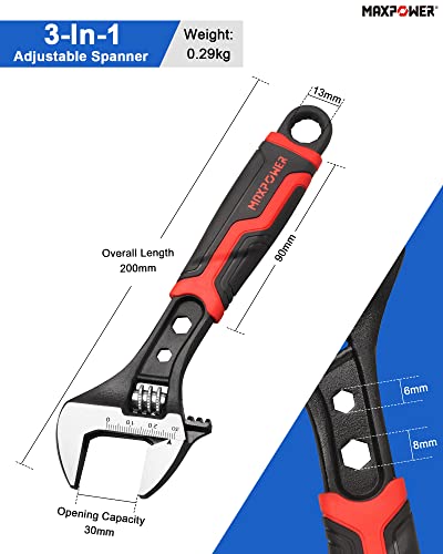 MAXPOWER Adjustable Wrench 200mm, 3-in-1 Small Adjustable Spanner with MAX Opening Capacity 30mm & Soft Rubber Grip Handle