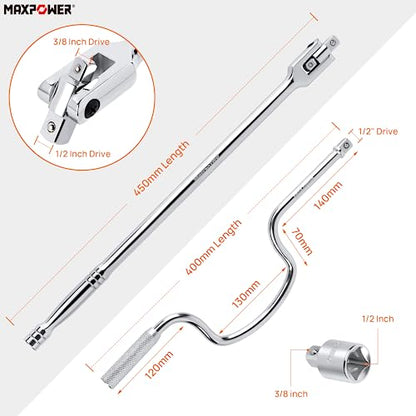 MAXPOWER Car Wheel Wrench Set, 450mm Breaker Bar with 1/2" and 3/8" Dual Drive, 1/2 Inch Drive Speeder Handle Wrench, 1/2" to 3/8" Adapter