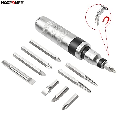 Impact Screwdriver Set, MAXPOWER 12PCs Manual Reversible Impact Driver Kit with 1/2-Inch Square Drive, Magnetic Phillips and Slotted Bit, Damaged Screw Extractor