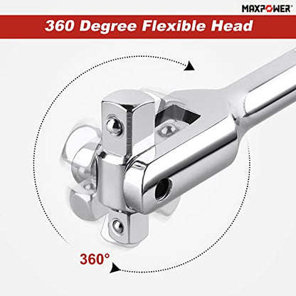 MAXPOWER Extendable Breaker Bar, Telescopic Breaker Bar 360°Flex Head Cheater Bar with Dual Drive 1/2 Inch & 3/8 Inch, 340mm-485mm Length Adjustment