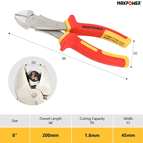 Side Cutters Insulated, MAXPOWER VDE Insulated Diagonal Side-Cutting Pliers Wire Cutters Wire Cutting Pliers 1000V VDE-Tested for Electricians, 200mm