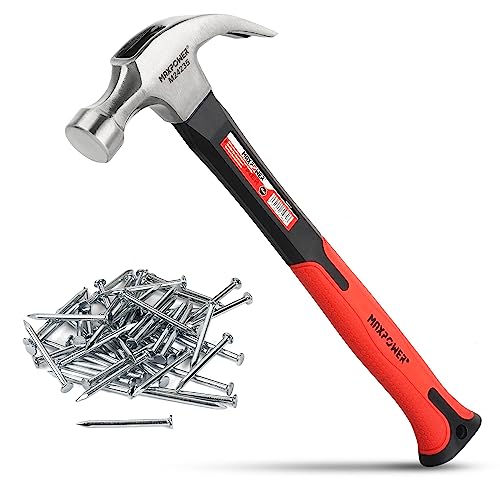 MAXPOWER 16Oz Fibreglass Shaft Claw Hammer with 75PCs Hardware Nail Kit for Pulling Nails or Woodworking