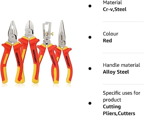 VDE Pliers Set 1000V, MAXPOWER 4PCs Electricians Pliers Set Included Insulated Combination Pliers, Diagonal Cutting Pliers, Long Nose Pliers Pliers and Insulated Wire Stripper