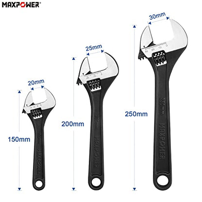 MAXPOWER Adjustable Spanner Set, 3PCs Adjustable Wrench Set, Black - 150mm, 200mm & 250mm