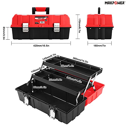 Tool Box 17-Inch, MAXPOWER Lightweight Cantilever Tool Box Organiser Plastic Storage Folding Toolbox with Three-Layer Cantilever Tray and Dividers