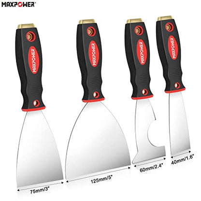 MAXPOWER Pack of 4 Putty Knives Paint Scraper Plastering Spatula for Drywall Finishing, Plaster Scraping, Wallpaper with Soft Handle and Hammer End