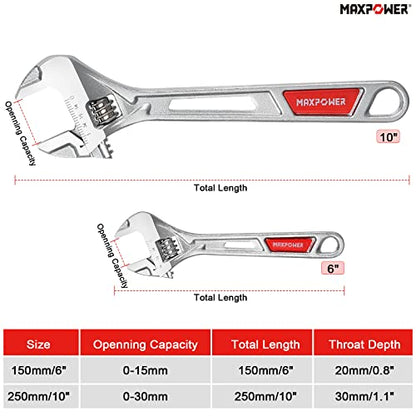 MAXPOWER Adjustable Spanner Set, Adjustable Wrench Set, 150mm/6 and 250mm/10, 2-Pieces