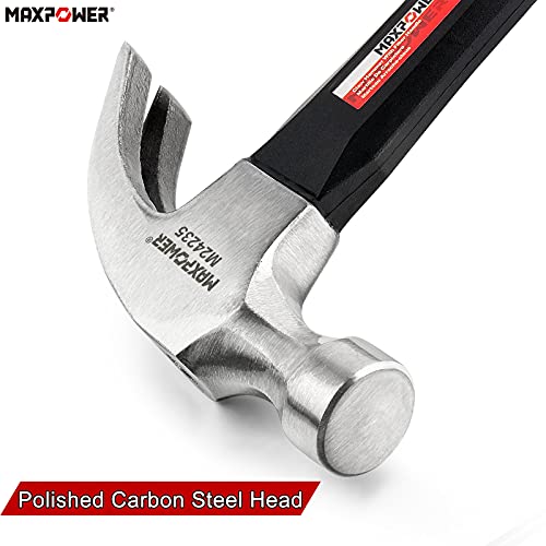 16Oz Claw Hammer, MAXPOWER Curved Rip Framing Hammer Carpenter Hammer Engineers Hammer for Pulling Nails or Woodworking - Polished Carbon Steel with Fibreglass Shaft, 16Oz/450g