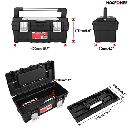 Long Handle Tool Box 16-Inch, MAXPOWER Portable Plastic Toolbox Tool Storage Organiser with Removable Tray, Long Stainless Steel Handle & Double Metal Latch - Rated up to 33 Lbs