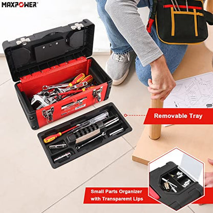 Metal Tool Box 14 inch, MAXPOWER Small Tool Box Hand Tools Storage Box with Removable Tray, Handle and Plastic Lid