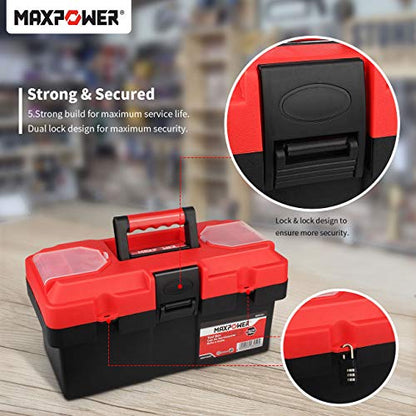 MAXPOWER 14-inch Toolbox, Plastic Tool Box Tool Chest Storage Case Organizer Included Removable Tray with Lock Secured