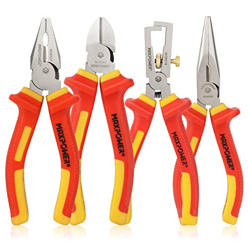 VDE Pliers Set 1000V, MAXPOWER 4PCs Electricians Pliers Set Included Insulated Combination Pliers, Diagonal Cutting Pliers, Long Nose Pliers Pliers and Insulated Wire Stripper