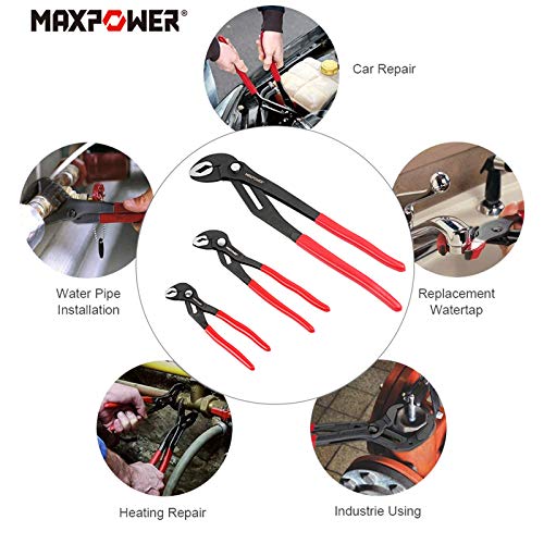 MAXPOWER Water Pump Pliers Set, 3-Piece Plumbing Pliers Set with 180mm (7"), 240mm (10") and 420mm (16") Push Button Quick Adjust Tongue and Groove Pliers