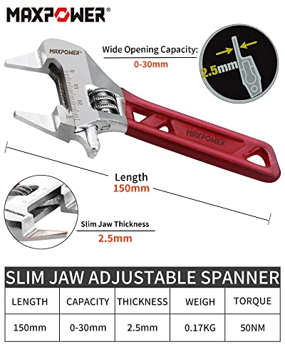 MAXPOWER Adjustable Spanner 150mm/6-Inch, Slim Jaw Adjustable Wrench with MAX. Opening 30mm & Super Slim Jaw Thickness 2.5mm