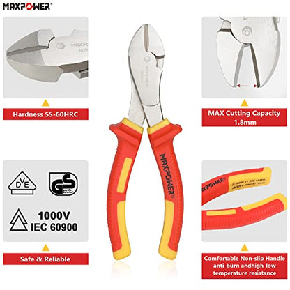 Side Cutters Insulated, MAXPOWER VDE Insulated Diagonal Side-Cutting Pliers Wire Cutters Wire Cutting Pliers 1000V VDE-Tested for Electricians, 200mm