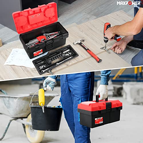 MAXPOWER 14-Inch Plastic Tool Box & 8Oz Curved Claw Hammer with Fiberglass Handle