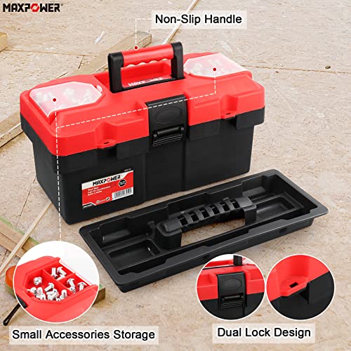 MAXPOWER 14-Inch Plastic Tool Box & 8Oz Curved Claw Hammer with Fiberglass Handle