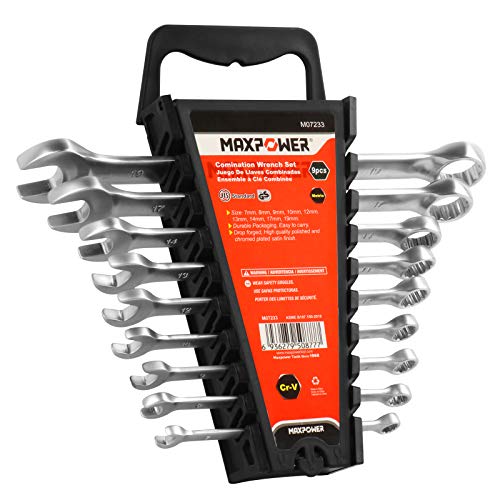 Combination Spanner Set, MAXPOWER 9PCs Combination Wrench Set Metric 7-19mm Mixed Tool with Function of Box End Wrenches and Open End Wrenches