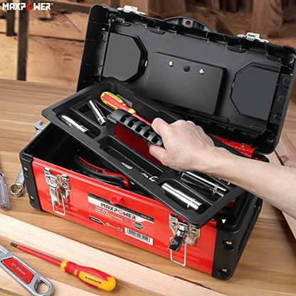 Metal Tool Box 14 inch, MAXPOWER Small Tool Box Hand Tools Storage Box with Removable Tray, Handle and Plastic Lid