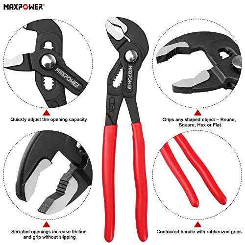 MAXPOWER Water Pump Pliers Set, 3-Piece Plumbing Pliers Set with 180mm (7"), 240mm (10") and 420mm (16") Push Button Quick Adjust Tongue and Groove Pliers