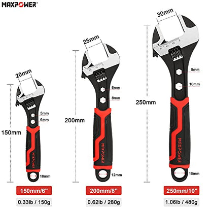 MAXPOWER Adjustable Spanner Set, 2-in-1 Adjustable Wrench Set with Hexagonal Wrench Function & Non-Slip Handle -150mm, 200mm & 250mm