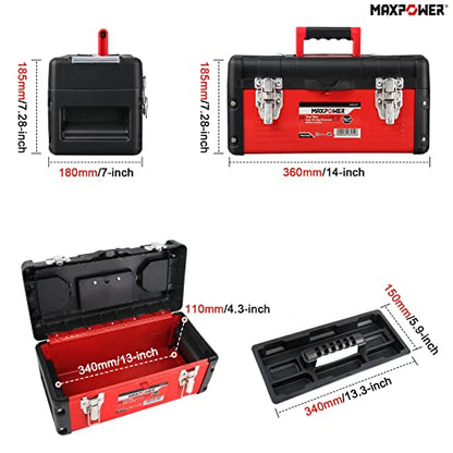 Metal Tool Box 14 inch, MAXPOWER Small Tool Box Hand Tools Storage Box with Removable Tray, Handle and Plastic Lid