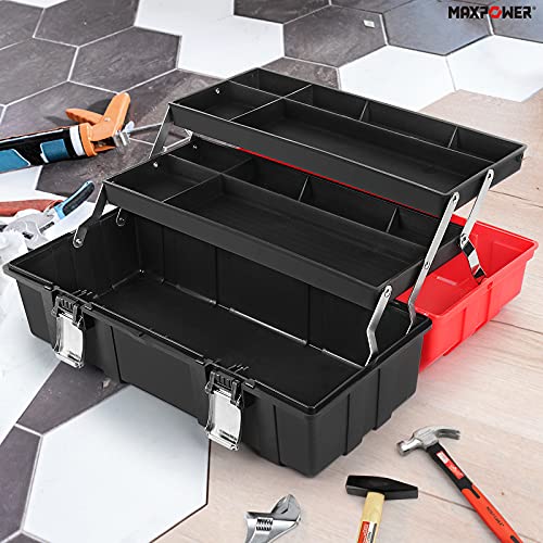 Tool Box 17-Inch, MAXPOWER Lightweight Cantilever Tool Box Organiser Plastic Storage Folding Toolbox with Three-Layer Cantilever Tray and Dividers