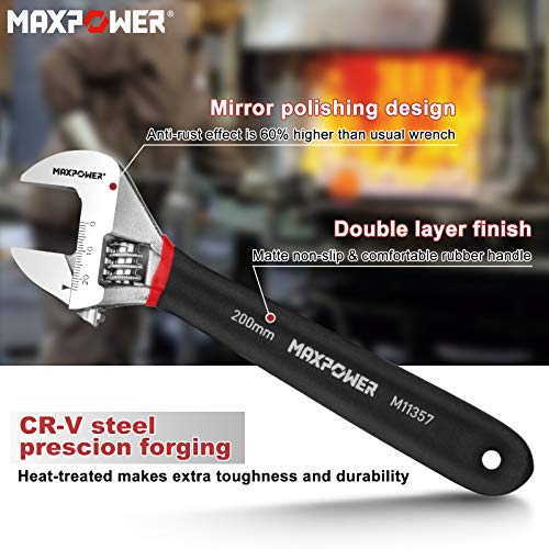 MAXPOWER Adjustable Spanner 200mm, Adjustable Wrench Shifter Spanners with Soft Grip and Dual Scale SAE and Metric (8-inch/200mm)