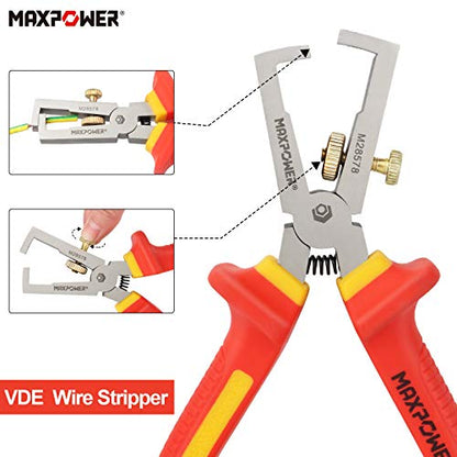 VDE Pliers Set 1000V, MAXPOWER 4PCs Electricians Pliers Set Included Insulated Combination Pliers, Diagonal Cutting Pliers, Long Nose Pliers Pliers and Insulated Wire Stripper