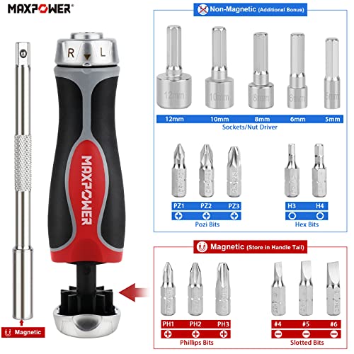 Ratchet Screwdriver, MAXPOWER Magnetic Ratchet Screwdriver and Bit Set with Slotted Bits,Phillips Bits, Pozi Bits, Hex Bits and Sockets/Nut Driver (18 Pieces)