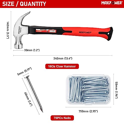 MAXPOWER 16Oz Fibreglass Shaft Claw Hammer with 75PCs Hardware Nail Kit for Pulling Nails or Woodworking