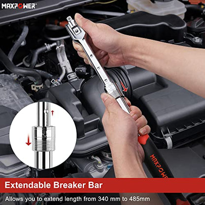 MAXPOWER Extendable Breaker Bar, Telescopic Breaker Bar 360°Flex Head Cheater Bar with Dual Drive 1/2 Inch & 3/8 Inch, 340mm-485mm Length Adjustment