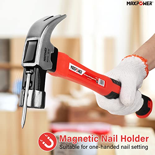 MAXPOWER 10Oz Curved Claw Hammer Rip Hammer with Magnetic Nail Holder and Non-Slip Fibreglass Handle, 10Oz/280g