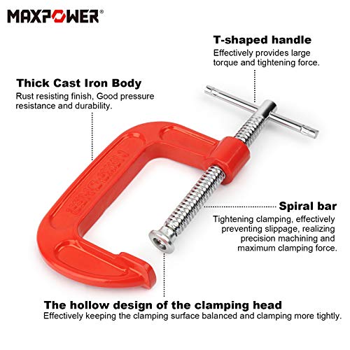 G Clamps for Woodwork, MAXPOWER 3PCs Metal G Clamp Set C-Clamps Set with Opening Capacity 25mm/50mm/75mm