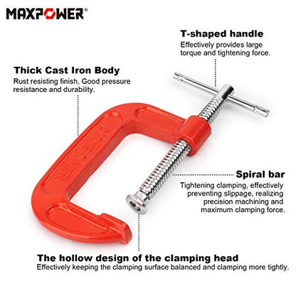 G Clamps for Woodwork, MAXPOWER 3PCs Metal G Clamp Set C-Clamps Set with Opening Capacity 25mm/50mm/75mm