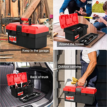 MAXPOWER 14-inch Toolbox, Plastic Tool Box Tool Chest Storage Case Organizer Included Removable Tray with Lock Secured