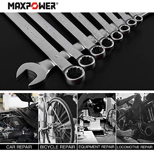 Combination Spanner Set, MAXPOWER 9PCs Combination Wrench Set Metric 7-19mm Mixed Tool with Function of Box End Wrenches and Open End Wrenches