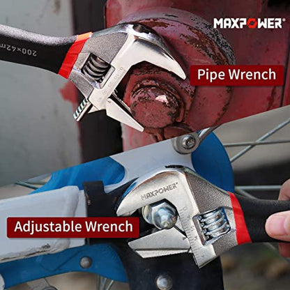 MAXPOWER Adjustable Spanner Set, 2-in-1 Adjustable Wrench Set, Plumbing Wrench Pipe Wrench with Reversible Wide Opening Jaw (6"/150mm and 8"/200mm)