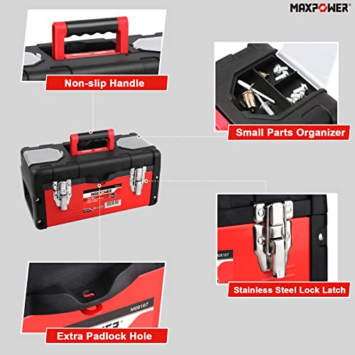 Metal Tool Box 14 inch, MAXPOWER Small Tool Box Hand Tools Storage Box with Removable Tray, Handle and Plastic Lid