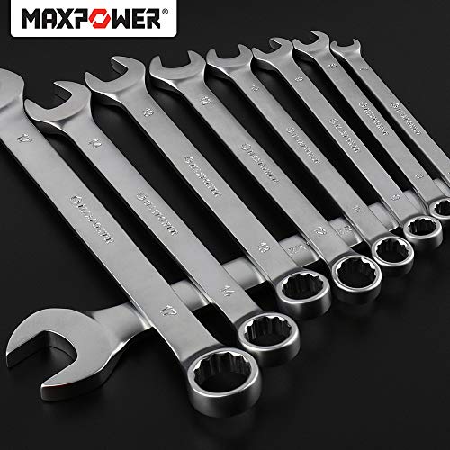 Combination Spanner Set, MAXPOWER 9PCs Combination Wrench Set Metric 7-19mm Mixed Tool with Function of Box End Wrenches and Open End Wrenches