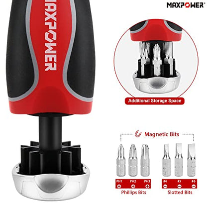 Ratchet Screwdriver, MAXPOWER Magnetic Ratchet Screwdriver and Bit Set with Slotted Bits,Phillips Bits, Pozi Bits, Hex Bits and Sockets/Nut Driver (18 Pieces)